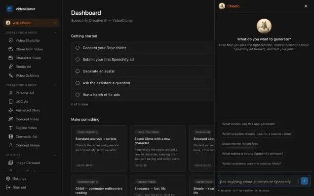 The Cheeto assistant panel inside VideoCloner, offering to help pick a pipeline or find recent jobs.