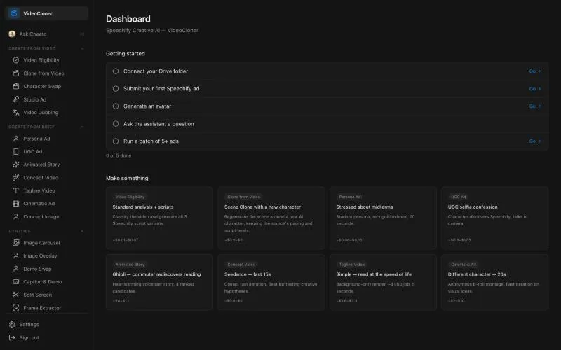 The full sidebar of VideoCloner, grouping pipelines into create from video, create from brief, and utilities.