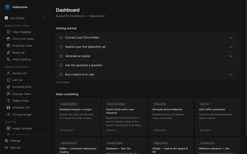 The VideoCloner dashboard, listing ad formats such as UGC ads, animated stories and cinematic ads, each with an estimated cost range.