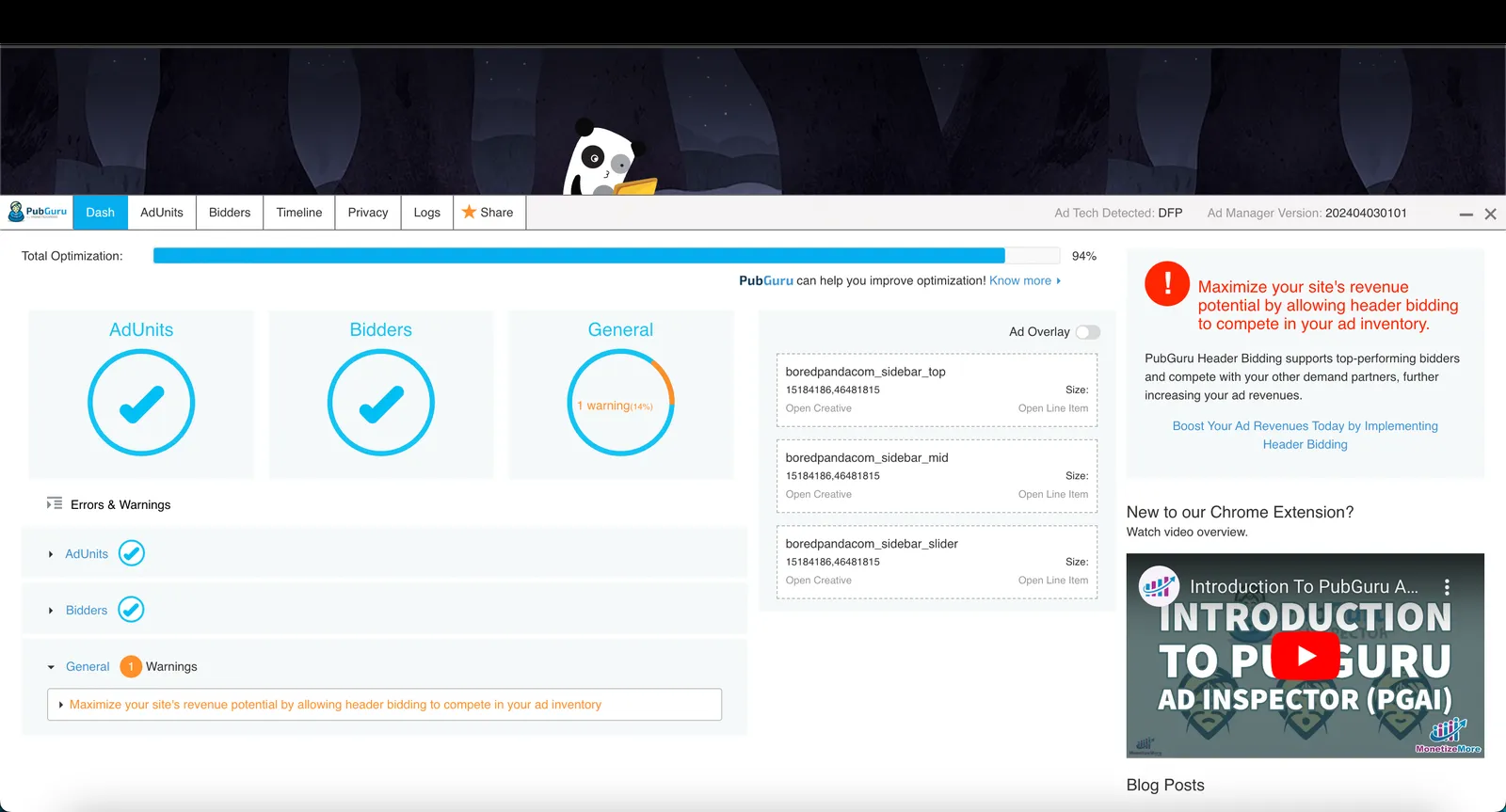 The PubGuru Ad Inspector panel over a publisher's site, showing ad units, bidders and optimisation warnings.